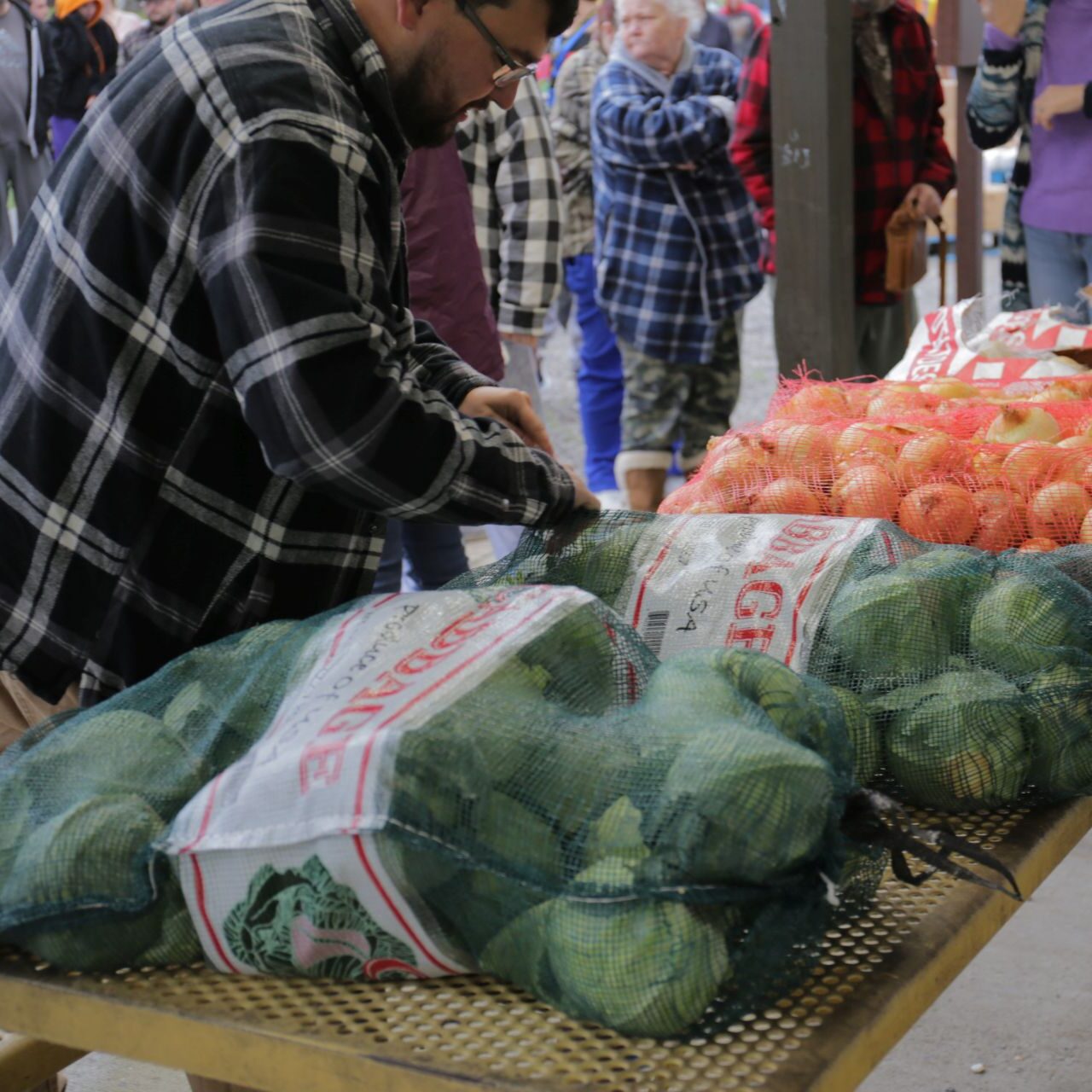 People examining vegetables stored in sacks 