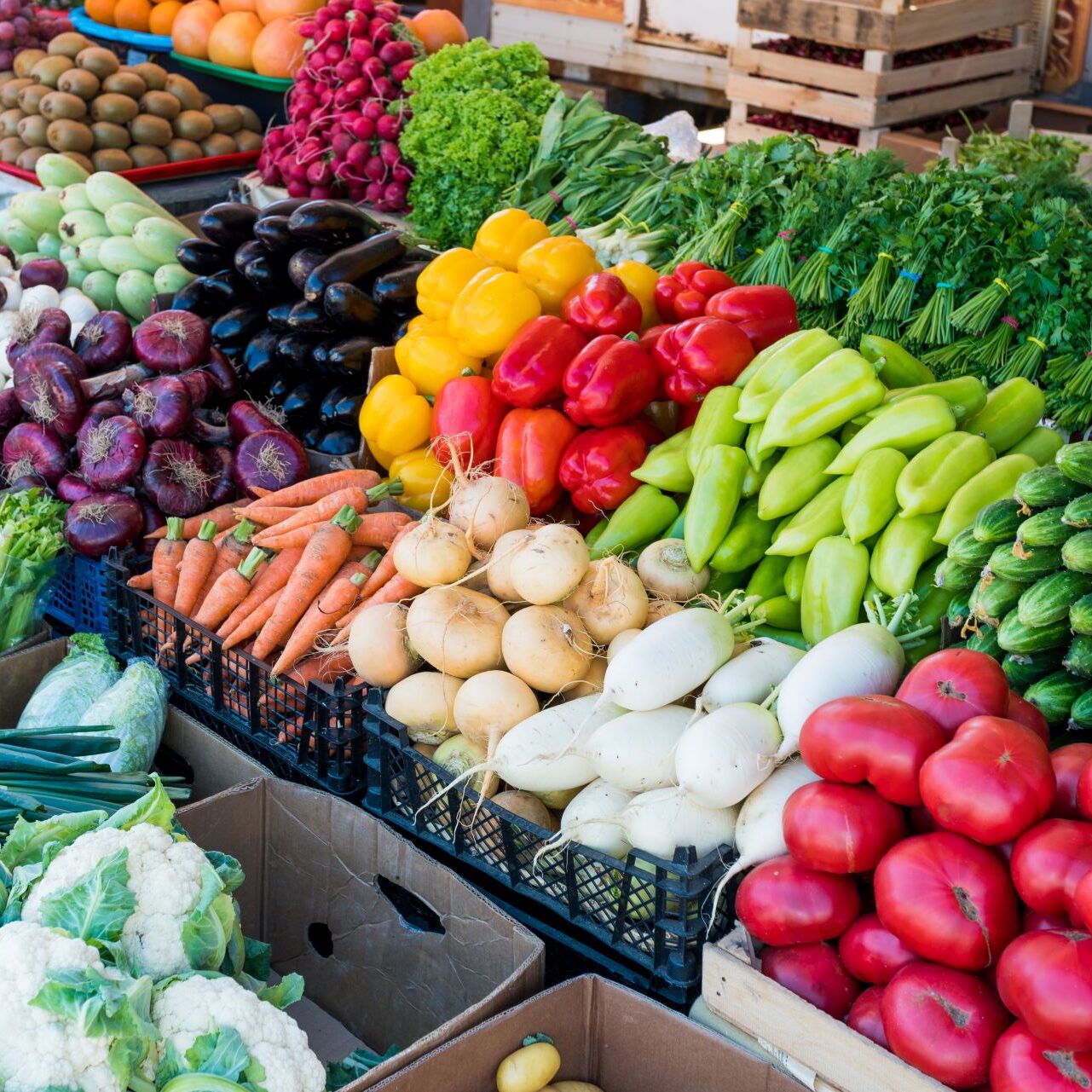Colorful vegetables displayed in market 